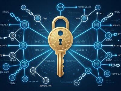 Illustration of a cryptographic key with DNS network nodes representing the DNSSEC root KSK rollover