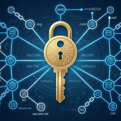 Illustration of a cryptographic key with DNS network nodes representing the DNSSEC root KSK rollover