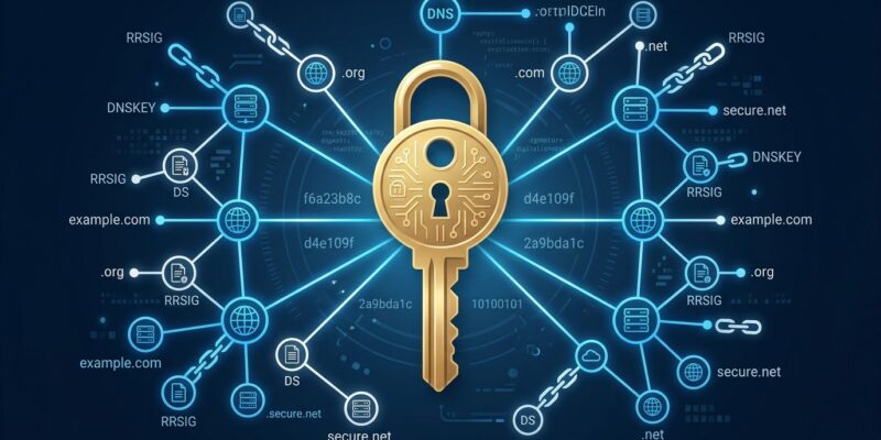 Illustration of a cryptographic key with DNS network nodes representing the DNSSEC root KSK rollover