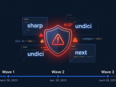 Next.js security shield showing three waves of CVE patches in six weeks including sharp and undici upstream vulnerabilities