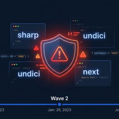 Next.js security shield showing three waves of CVE patches in six weeks including sharp and undici upstream vulnerabilities