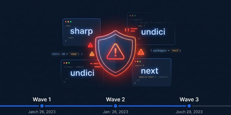 Next.js security shield showing three waves of CVE patches in six weeks including sharp and undici upstream vulnerabilities