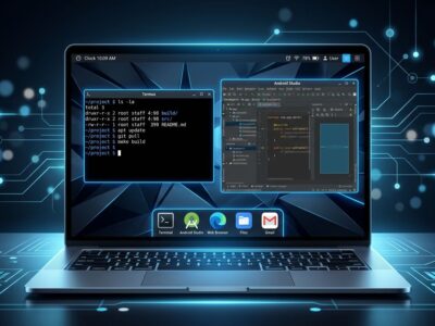 Googlebook OS laptop showing Android desktop with terminal and app development environment