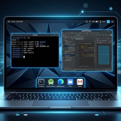 Googlebook OS laptop showing Android desktop with terminal and app development environment
