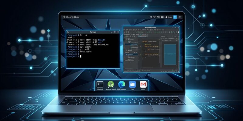 Googlebook OS laptop showing Android desktop with terminal and app development environment