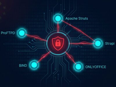 Network threat map showing Flax Typhoon exploiting five CVEs in ProFTPD, Apache Struts, Strapi, BIND, and ONLYOFFICE