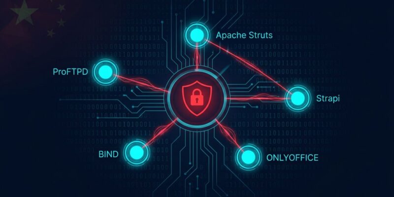 Network threat map showing Flax Typhoon exploiting five CVEs in ProFTPD, Apache Struts, Strapi, BIND, and ONLYOFFICE