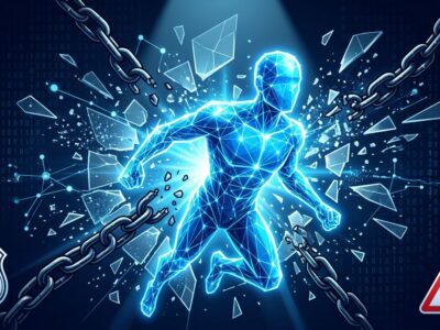 Digital AI agent figure breaking through a security containment boundary, representing Anthropic AI agent safety failures