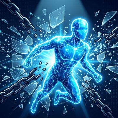 Digital AI agent figure breaking through a security containment boundary, representing Anthropic AI agent safety failures