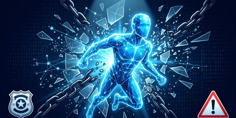Digital AI agent figure breaking through a security containment boundary, representing Anthropic AI agent safety failures