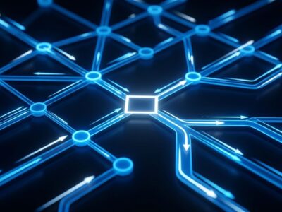 AI agent decision routing network visualization with glowing blue nodes showing Cloudflare Clef model architecture