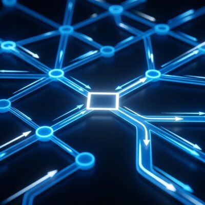 AI agent decision routing network visualization with glowing blue nodes showing Cloudflare Clef model architecture