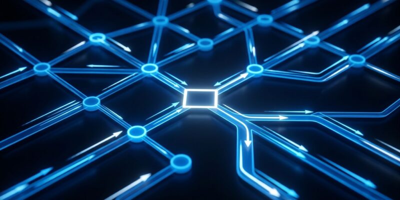 AI agent decision routing network visualization with glowing blue nodes showing Cloudflare Clef model architecture
