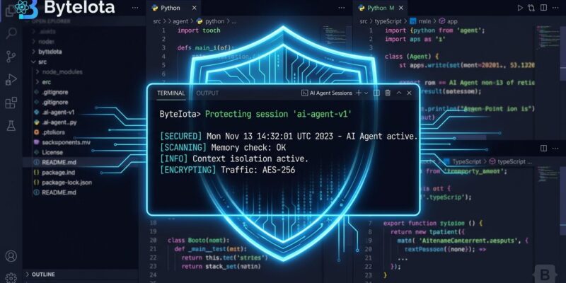 VS Code 1.141 editor interface showing Copilot agent sandboxing security feature with blue shield visualization