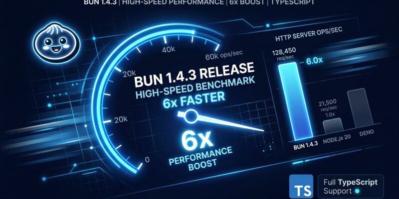 Bun 1.4.3 bun check TypeScript type checker benchmark dashboard showing 3x to 6x speed improvement over tsc