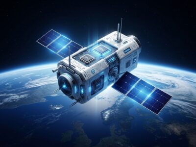 A satellite with TPU chips orbiting Earth representing Google Project Suncatcher space-based AI data center