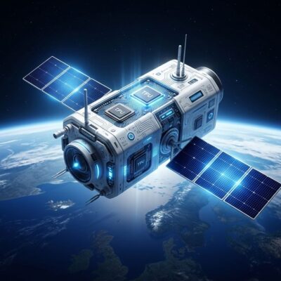 A satellite with TPU chips orbiting Earth representing Google Project Suncatcher space-based AI data center