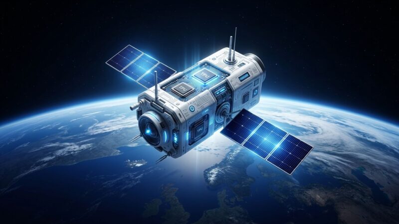 A satellite with TPU chips orbiting Earth representing Google Project Suncatcher space-based AI data center