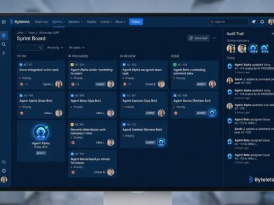 Atlassian AMP showing AI agents with identity badges in a Jira-like sprint board alongside human team members