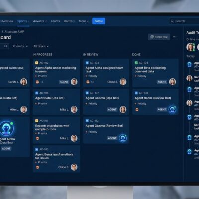 Atlassian AMP showing AI agents with identity badges in a Jira-like sprint board alongside human team members