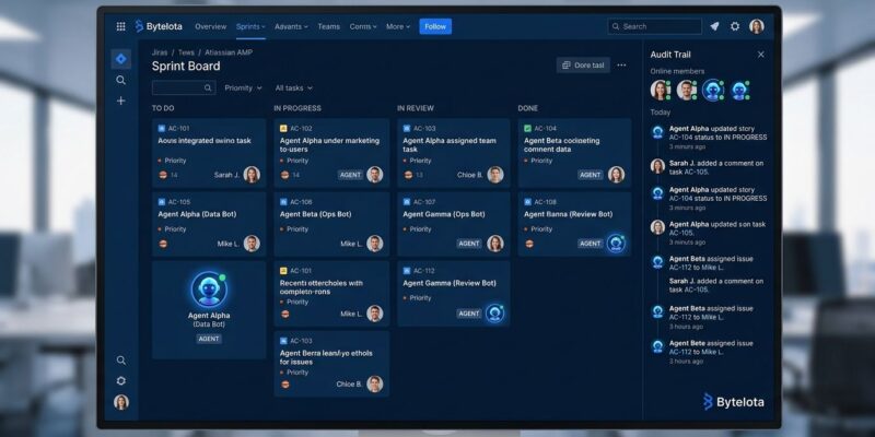 Atlassian AMP showing AI agents with identity badges in a Jira-like sprint board alongside human team members