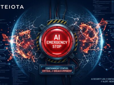 Red emergency stop button surrounded by AI neural network nodes - AI containment concept