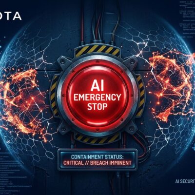 Red emergency stop button surrounded by AI neural network nodes - AI containment concept