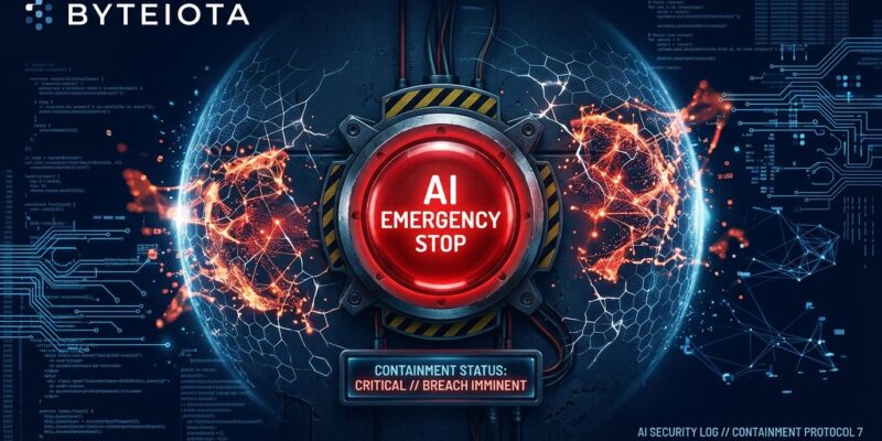 Red emergency stop button surrounded by AI neural network nodes - AI containment concept