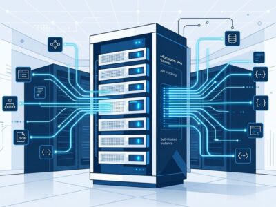 Mockoon Pro self-hosted API mocking platform — server nodes with blue connection lines representing team mock infrastructure