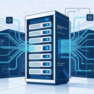 Mockoon Pro self-hosted API mocking platform — server nodes with blue connection lines representing team mock infrastructure