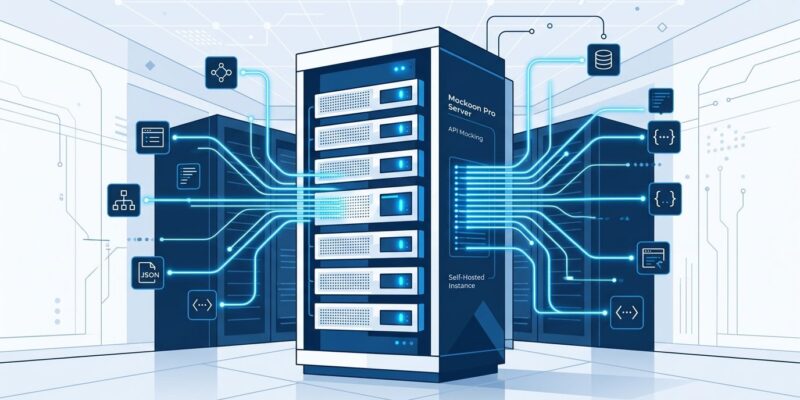 Mockoon Pro self-hosted API mocking platform — server nodes with blue connection lines representing team mock infrastructure