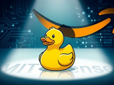 DuckDB duck mascot overshadowed by AWS logo representing the acquisition of DuckLabs