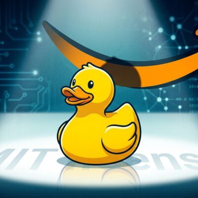 DuckDB duck mascot overshadowed by AWS logo representing the acquisition of DuckLabs