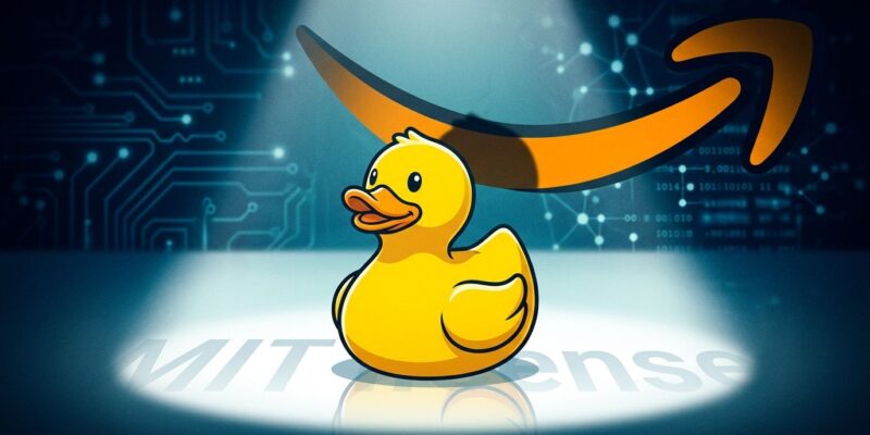 DuckDB duck mascot overshadowed by AWS logo representing the acquisition of DuckLabs