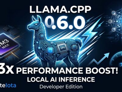 llama.cpp v0.6.0 featured image showing Apple Silicon GPU acceleration and local AI inference with 3x Metal speedup