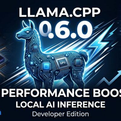 llama.cpp v0.6.0 featured image showing Apple Silicon GPU acceleration and local AI inference with 3x Metal speedup