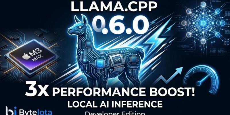 llama.cpp v0.6.0 featured image showing Apple Silicon GPU acceleration and local AI inference with 3x Metal speedup