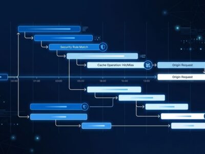 Cloudflare Traces distributed tracing waterfall diagram showing OpenTelemetry spans for security rules, cache, routing, and origin requests