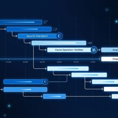 Cloudflare Traces distributed tracing waterfall diagram showing OpenTelemetry spans for security rules, cache, routing, and origin requests