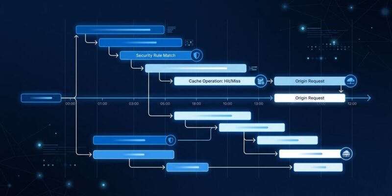 Cloudflare Traces distributed tracing waterfall diagram showing OpenTelemetry spans for security rules, cache, routing, and origin requests