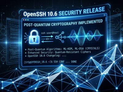 Terminal screen showing OpenSSH 10.6 post-quantum signature and compression side-channel security patch