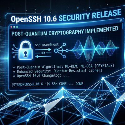 Terminal screen showing OpenSSH 10.6 post-quantum signature and compression side-channel security patch