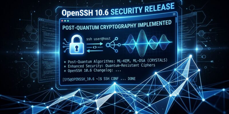 Terminal screen showing OpenSSH 10.6 post-quantum signature and compression side-channel security patch