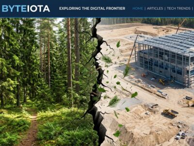 Split-screen showing Finnish pine forest on the left and Google data center construction site on the right