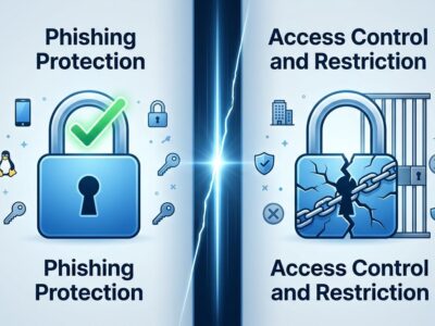 Split-screen illustration showing passkeys as both phishing protection and a potential access control trap, blue and white design