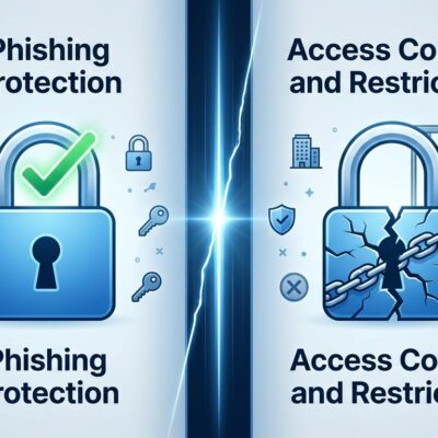 Split-screen illustration showing passkeys as both phishing protection and a potential access control trap, blue and white design