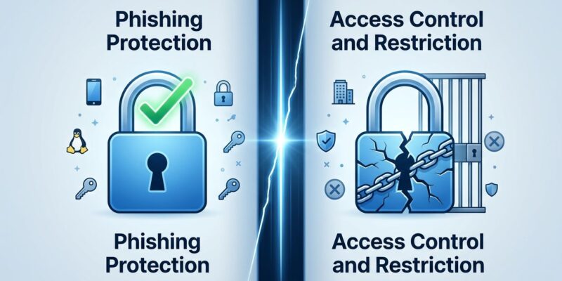 Split-screen illustration showing passkeys as both phishing protection and a potential access control trap, blue and white design