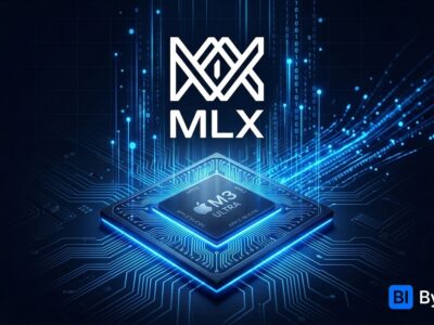 Apple Silicon chip with blue MLX framework data streams representing Ollama 0.40 MLX default inference backend