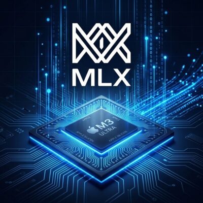 Apple Silicon chip with blue MLX framework data streams representing Ollama 0.40 MLX default inference backend