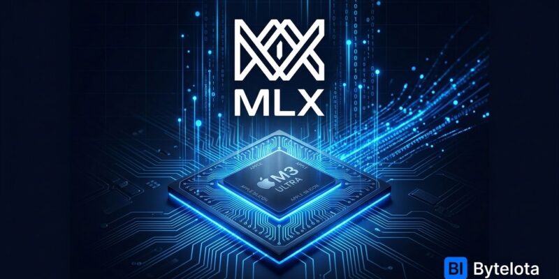 Apple Silicon chip with blue MLX framework data streams representing Ollama 0.40 MLX default inference backend